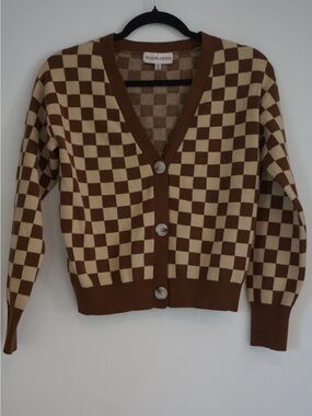 Willow Brown and Cream Check V-Neck Cardigan